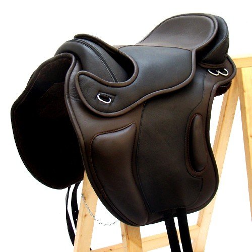 Baumloser Dressur Sattel LEEDS aus Rindsleder Braun/Schwarz Mit Klettkissen NEU, Größe:16 Zoll