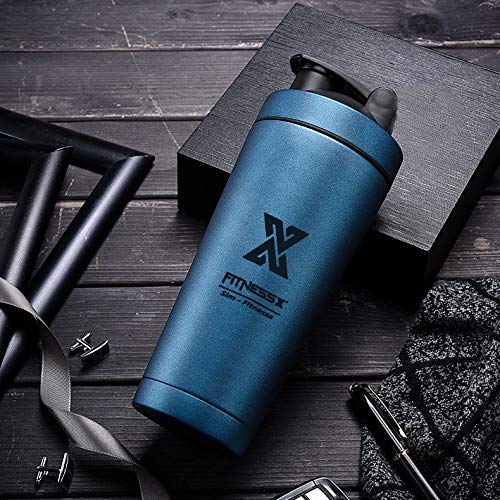 PLC020 700ml Edelstahl Protein Shaker Sport Fitness Shaker Eiweiß | Protein Eeiweiß Shaker Becher mit Kugel (Double Wall-Blau)