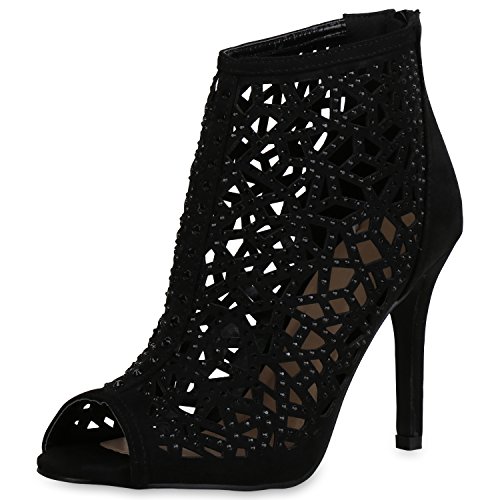 SCARPE VITA Damen Schaftsandaletten Strass Sandaletten High Heels Cut-Outs Schuhe 162863 Schwarz 36