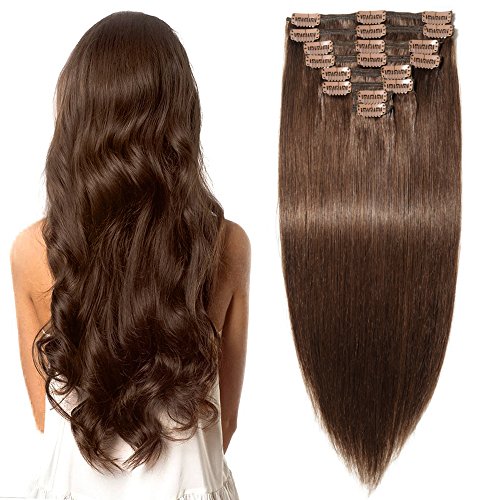 Clip in Extensions Echthaar Remy Haarverlängerung für komplette Haare 8 Tressen Doppelt Dicke 35cm-120g(#4 Schokobraun)