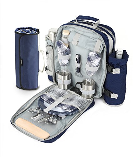 Greenfield Collection Super Deluxe Picknick-Rucksack für 2 Personen mit passender Picknickdecke, Marineblau, 21 x 32 x 40 cm