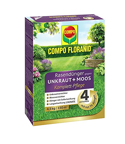 COMPO FLORANID Rasendünger gegen Unkraut + Moos Komplettpflege, 3 Monate Langzeitwirkung, Feingranulat, 4,5 kg, 150 m²