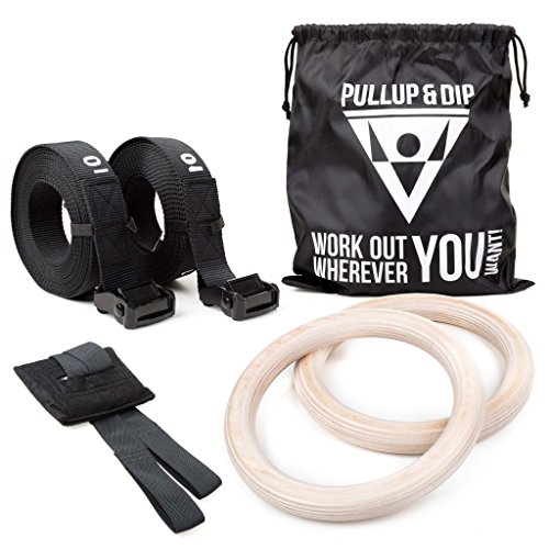 Gymnastikringe Turnringe aus Holz von Pullup & Dip – Premium Gym Ringe inkl. breiten Befestigungsgurten mit Markierungen + Türanker + Tasche, Crossfit Ringe, Olympische Turnerringe