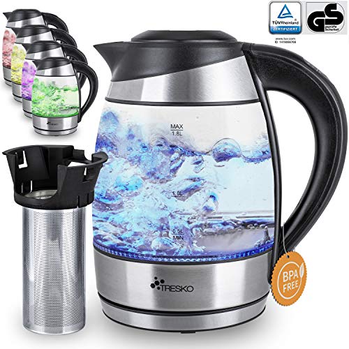 TRESKO Glas Wasserkocher 1,8L Edelstahl mit Teesieb und Kalkfilter | LED Innenbeleuchtung | TÜV-Rheinland zertifiziert | 2200W | mit Temperatureinstellung | Warmhaltefunktion