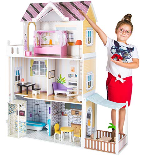 KinderplayGreen Puppenhaus, Puppenvilla Puppenhaus Barbiehaus Traumhaus Holz Puppenstube GS0021 LED-Licht Zubehör