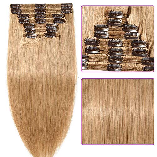 Clip in Extensions Set 100% Remy Echthaar 8 Teilig Haarverlängerung dick Dopplet Tressen Clip-In Hair Extension (60cm-170g,#27 Dunkelblond)
