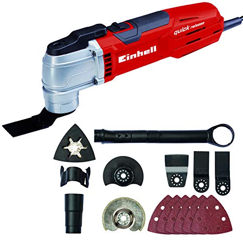 Einhell Multifunktionswerkzeug TE-MG 300 EQ (300 W, Staubabsaugvorrichtung, Dreiecksschleifplatte, 6x Schleifpapier, Schaber, 2 Tauchsägeblätter, 2 Segmentssägeblätter, Staubabsaugadapter, Koffer)