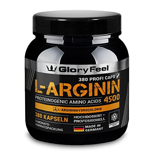 L-Arginin Aminosäure Kapseln Hochdosiert - Der PREIS-LEISTUNGSSIEGER 2018* - 380 Stück - 4500mg L-Arginin HCL (3750mg Reines L-Arginin) pro Tagesdosis - Ohne Magnesiumstearate - Markenqualität von GloryFeel hergestellt in Deutschland