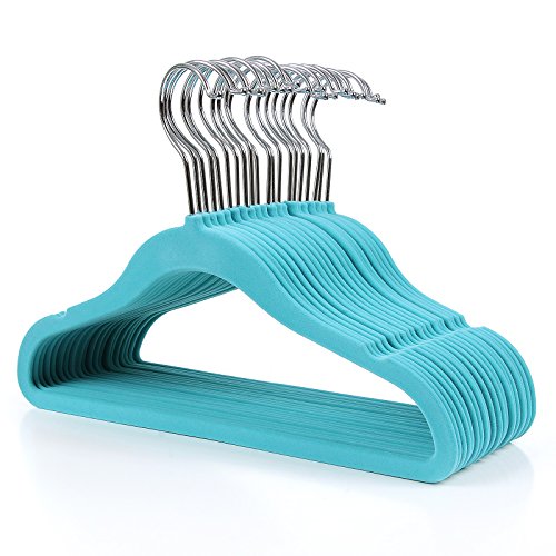 Songmics Kleiderbügel für Kinder 20 Stück mit Samt überzogen, 360 Grad drehbar, Antirutsch, 30 cm TürkisBlau CRF20Q