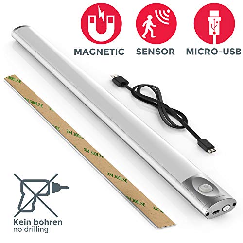 LED Unterbauleuchte ohne Bohren mit Magnetstreifen I 4W 170lm LED Platine I Silber I Bewegungssensor I tragbar mit Akku I 44 x 4 x 2 cm I 6000K Kaltweiß I Küche