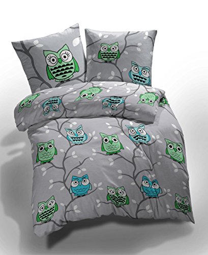 etérea Renforcé Bettwäsche Eule Grau Grün Türkis, 135x200 cm + 80x80 cm