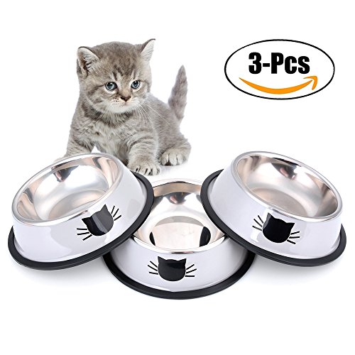 Futternapf Katze, Legendog 3 Stück Edelstahl Rutschfest Katzen Napf | Katzennapf Set | Fressnapf Katze | Trinknapf katze | Futterschüssel Katze | Wasser Fütterung Schüssel | Katzenfutter Wassernapf Schüssel | für Katzen Kaninchen Hamster 11.5*15.5*3.5 CM (Grau)