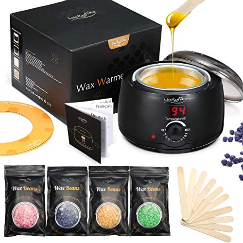 Wachswärmer Wachs Haarentfernung, Luckyfine Wachsmaschine Set Wax Warmer Heater Waxing Kit Wachserhitzer, Wax Enthaarung Set mit 10* Holzspateln(Wischstöcke)+ 5* Anti-Fleckenring+ 4* 100g Wachsbohne