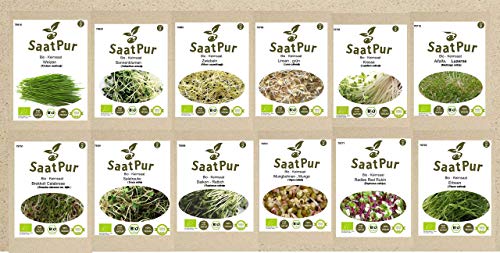 SaatPur Bio-Keimsprossen-Set (12 Sorten) Weizen, Sonnenblumen, Zwiebeln, Linsen, Kresse, Alfalfa, Brokkoli, Rauke, Daikon Rettich, Mung Bohnen, Radies Red Rubin, Erbsen.