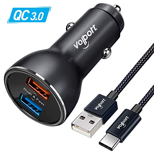Auto Ladegerät, Quick Charge 3.0 39W 12V/3A KFZ Ladegerät Adapter Dual USB Auto Ladeadapter mit 1M Nylon USB Type C Ladekabel für Samsung Galaxy S10 S9 S8 Plus Note 9 8, LG G6 V30 Huawei Powerbank