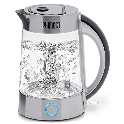 Glas Wasserkocher, PHONECT Wasserkocher 1.7L Glaswasserkocher mit Filterauslauf, BPA-Frei Boro-Silikatglas Wasserkocher, 2200W blaue LED-Anzeige mit Kalkfilter A+++
