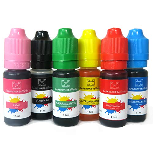 Wenburg Lebensmittelfarbe, 6 x 11ml, hochkonzentriert. Made in EU. Zuckerfrei, flüssig. Farben Set, zum Färben von Teig, Getränken, Aromen, Slime