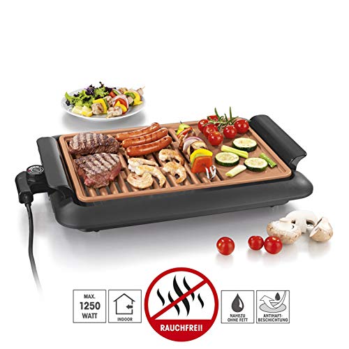 GOURMETmaxx Tischgrill elektrisch | | Tisch Elektrogrill für Draußen und Drinnen, Grill Platte mit zwei Garbereichen | Keramik Antihaftbeschichtung, max. 220 °C, [ [1250 Watt]