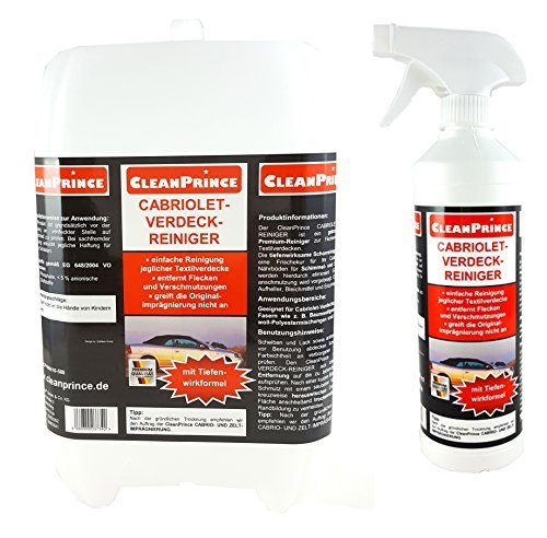 CleanPrince Verdeckreiniger 2,5 Liter Cabriolet-Verdeck-Reiniger Cabrioverdeckreiniger Cabrioletdach Cabrio-Verdeckreiniger Dachreiniger Autodachreinigungsmittel KfZ Stoffdach Autodach Baumwollgewebe Baumwoll-Polyestermischungen Acrylfasern GEBRAUCHSFERTIG ohne Bleichmittel entfernt Schimmel und Stockflecken