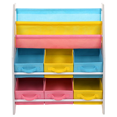 SONGMICS Kinderregal kleines Bücherregal Spielzeugregal weißes Aufbewahrungsregal mit bunten Aufbewahrungsboxen Kindermöbel 67 x 74 x 26,5 cm (B x H x T) GKR36WT