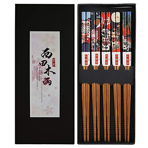 Bosdontek Japanische Sushi EssstäBchen 5 Pairs EssstäBchen Holz Wiederverwendbare NatüRliche EssstäBchen Waschbar FüR GeschirrspüLer EssstäBchen Mit LuxuriöSe Schwarz Handgemachte