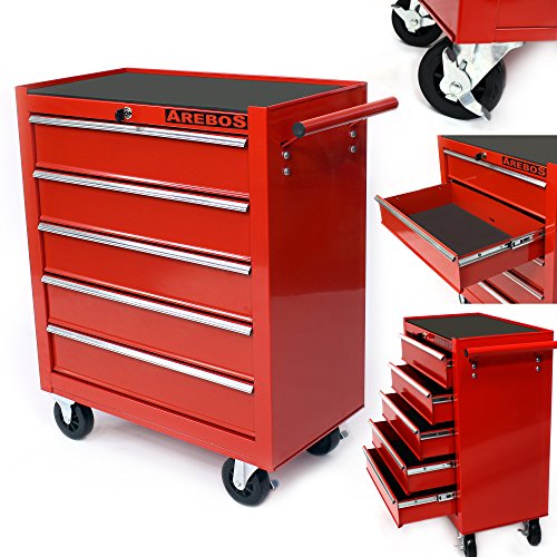 Arebos Werkstattwagen 5 Fächer rot ( zentral abschließbar,  Anti-Rutschbeschichtung,  Räder mit Festellbremse,  Massives Metall)