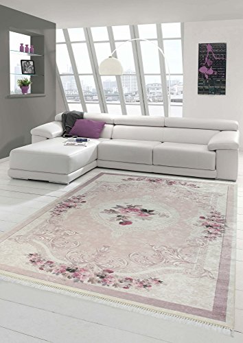 Merinos Teppich Blumen Wohnzimmerteppich Waschbar in Rosa Creme Größe 80 x 300 cm
