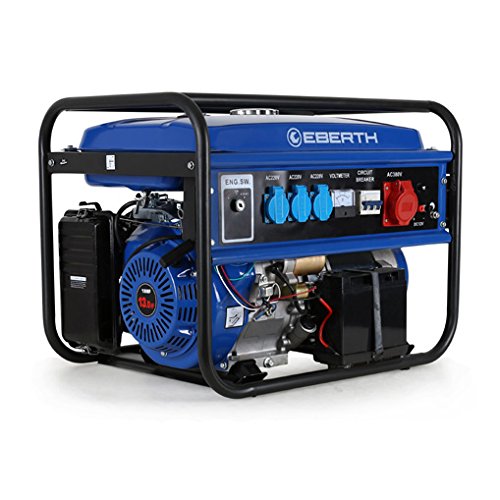 EBERTH 5500 Watt Benzin Stromerzeuger (E-Start, 13 PS Benzinmotor, 4-Takt, luftgekühlt, Ölmangelsicherung, Seilzugstart, Automatischer Voltregler AVR, 3-Phasen, 1x 400V, 3x 230V, 1x 12V, Voltmeter)