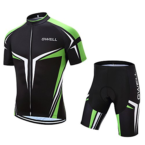 GWELL Herren Radtrikot Set Fahrrad Trikot Kurzarm + Radhose mit Sitzpolster grün M