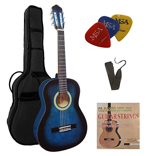 1/2 GITARRE - KONZERTGITARRE IM SET - KINDERGITARRE - CLASSIC - BLAU-SCHATTIERT - DECKE LINDENHOLZ - TASCHE - BAND - SAITEN - 3xPIK - J2
