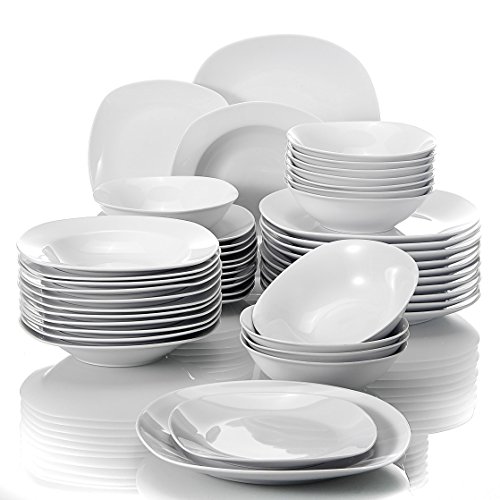 MALACASA, Serie Elisa, 48 TLG. Porzellan Tafelservice Kombiservice Geschirrset, 12 Dessertteller, 12 Suppenteller, 12 Flachteller und 12 Müslischale für 12 Personen