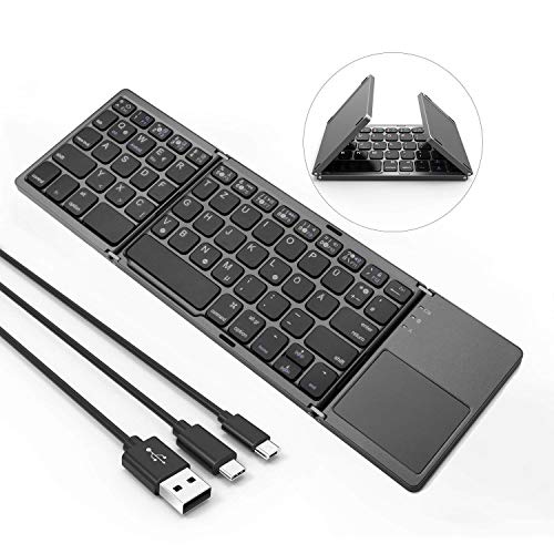 Jelly Comb Bluetooth Kabellose Tastatur mit Touchpad, Kabellos und mit USB/Micro USB/USB C Kabel, Dual Modus für PC, Laptop, Smart TV, iPad, Android Tablet, Smartphone, QWERTZ Deutsches Layout, Grau