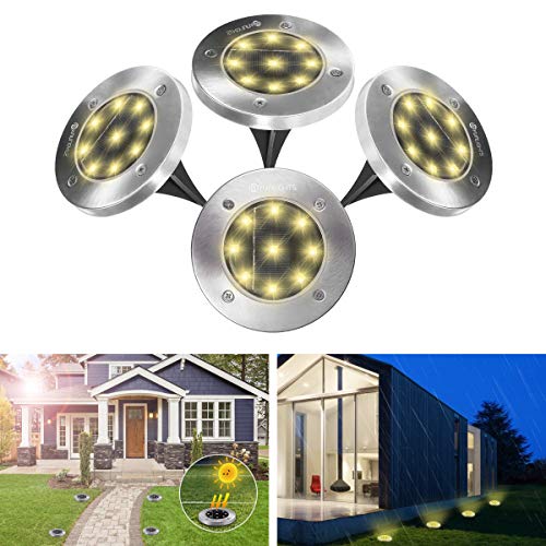 Solarleuchte Garten YUNLIGHTS Neu Version 4PCS 9LED Bodenleuchte Edelstahl Außenleuchte Wasserdicht Bodenstrahler Licht für Rasen, Weg Hof, Fahrstraßen, Innenhof, Gehweg, Landschaft, Warmweiß, IP65