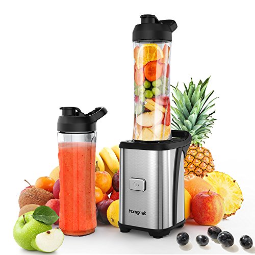 Homgeek Smoothie Maker 4 Edelstahlmesser Mini Blender, Mini Standmixer mit 2 600ml Reise Sport Flaschen BPA-freie Tritan-Trinkflasche, 350W Persönliche Smoothie Blender Obst und Gemüse Juicer Extractor, Edelstahlgehäuse, Silber