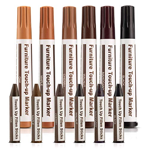 Möbelkorrekturstift Reparaturstifte Set für zerkratzte Holzböden, Möbel, Tische, 6 Reparaturmarkierungen und 6 Füllstifte mit Spitzer Möbelmarker