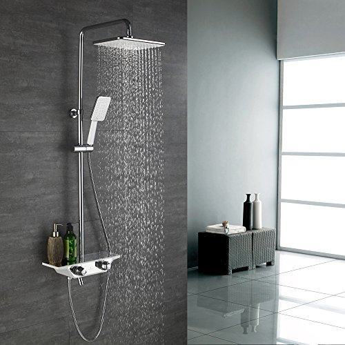 Homelody 3-Funktion Regal Duschsystem mit Thermostat Duschset mit Rainshower Duscharmatur Handbrause Duschkopf Regendusche Dusche Armatur Bedewanne Badezimmer