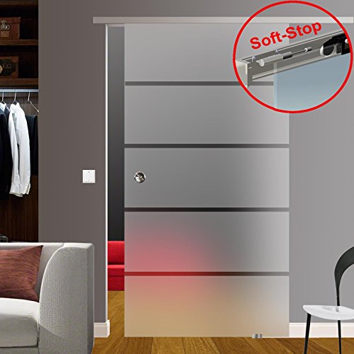 BP1-775-AS: Schiebetürsystem ESG 775x2050x8mm P1, Siebdruck; Alu Schienensystem SlimLine SoftStop; Griffmuschel