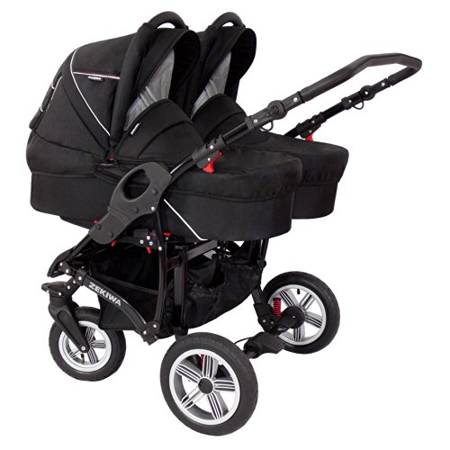 Zekiwa Zwillingskinderwagen Sport DUO, mit Wannen und separaten Sportwagenaufsätzen, moderne Lufträder vorn und hinten, um 360 ° lenkbares Rad vorn, Dessin: Black