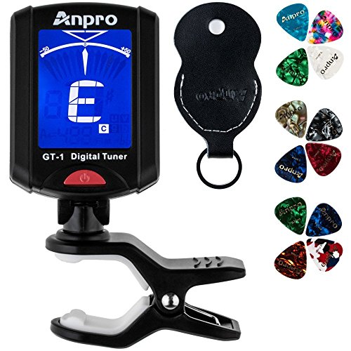 Anpro JT-10 Clip-On Digital Tuner Stimmer + 12 x Plektrum Plektron Picks mit 3 verschiedene Stärken + 1 x Pickholder, Plektrumhalter für Gitarre, Violine, Ukulele, Chromatisches Stimmgerät