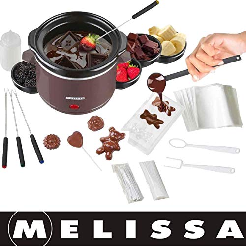 Melissa 16310178 Schokoladen-Fondue-Set, Schokoschmelzer, viel Zubehör, 4 Personen,Keramiktopf,70 Watt,Pralinen,Geschenk, braun