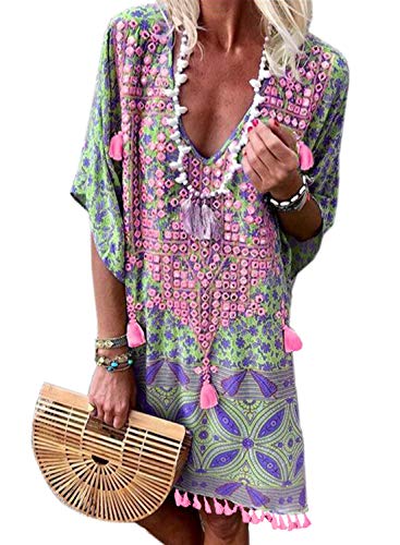 Happy Sailed Damen Kurzarm V-Ausschnitt Retro Bikini Cover Up Strandkleid Bikinikleid Beachwear S-L