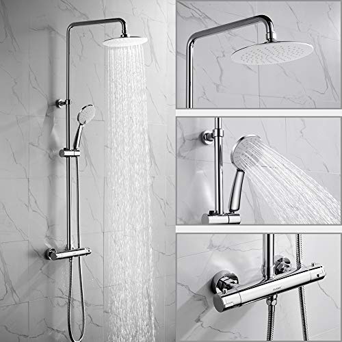 OLEAH Chrom Duschsystem Thermostat Duschset Regendusche Duscharmatur Handbrause mit 3 Strahlen Duschsäule und Überkopfbrause Duschstange