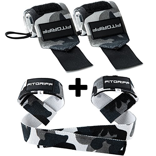 Handgelenk Bandagen + Zughilfen (2Paar/4Stück) von FITGRIFF - Premium Fitness Set für Kraftsport, Bodybuilding und Krafttraining - für Frauen und Männer - 2 Jahre Gewährleistung