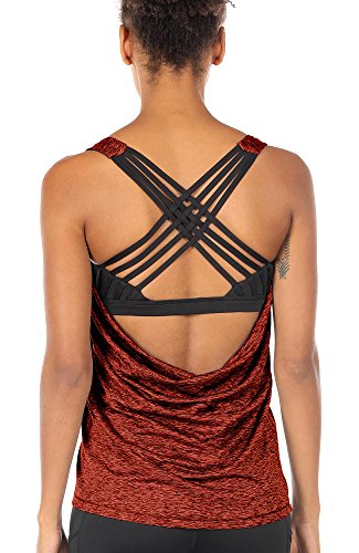 icyzone Damen Sport Tops mit Integriertem BH - 2 in 1 Yoga Gym Shirt Fitness Training Tanktop (S, Burnt Ochre)