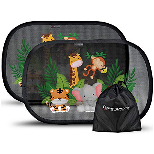 Systemoto Sonnenschutz Auto Baby mit Zertifiziertem UV Schutz (2er Set) - Selbsthaftende Sonnenblenden für Kinder mit süßen Tier Motiven (Wild Life)