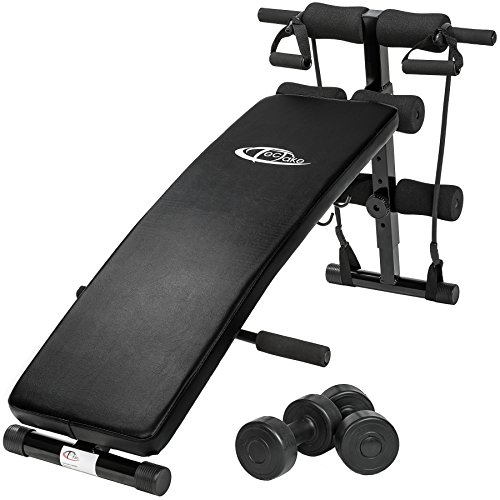 TecTake Sit-up Bank Bauchtrainer - Totalmaße (LxHxB): ca. 129 x 70 x 55 cm - klappbar & verstellbar inkl. gepolsterte Beinfixierung und 2 Hanteln und Trainingsseile