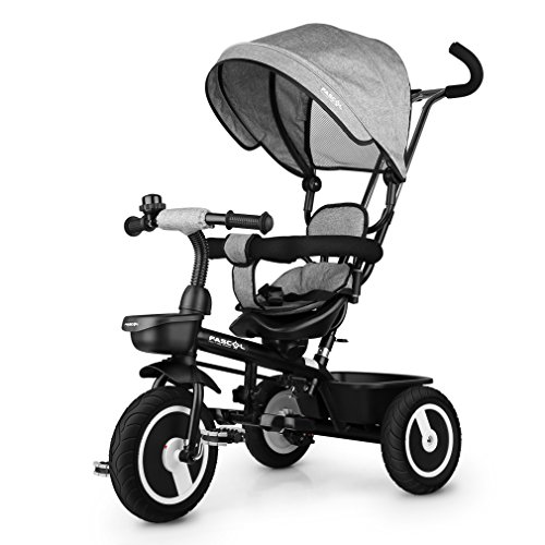 Fascol Dreirad 6 in 1 Kinderdreirad Kinder Fahrrad Baby Kleinkinder mit Lenkbarer Schubstange, mit FlüSterleise Gummireifen und Sonnendach für Jungen und Mädchen ab 12 Monate -5 Jahre,Grau