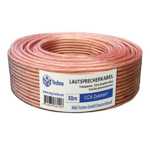 50m Lautsprecherkabel 2x4mm², rund, Transparent, CCA, Boxenkabel, mit Metermarkierung, in bewährter M&G Techno-Qualität