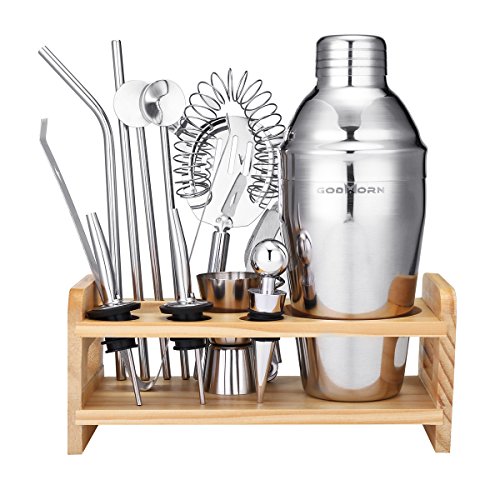 Godmorn Edelstahl Cocktailshaker Set mit 13 Pcs, Cocktail Shaker, Edelstahl Messbecher, Sieb, Eiszange, Öffner, Strohhalme, Barlöffel, Ausgießer, Weinverschlüsse, Rack aus Holz