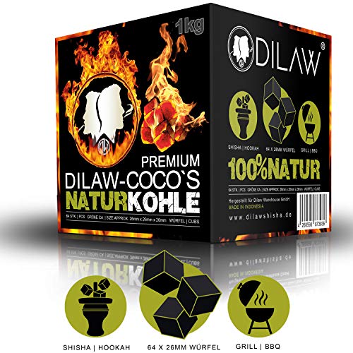 DILAW Shisha Kohle | 1KG 64 Würfel | Größe 26er Cubes | Premium Kokosnuss Naturkohle bis zu 120 Minuten Brenndauer